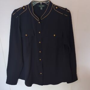 Ralph Lauren Navy Blouse w/Gold Trim, Gold Buttons Size XL, 100% Crepe Polyester